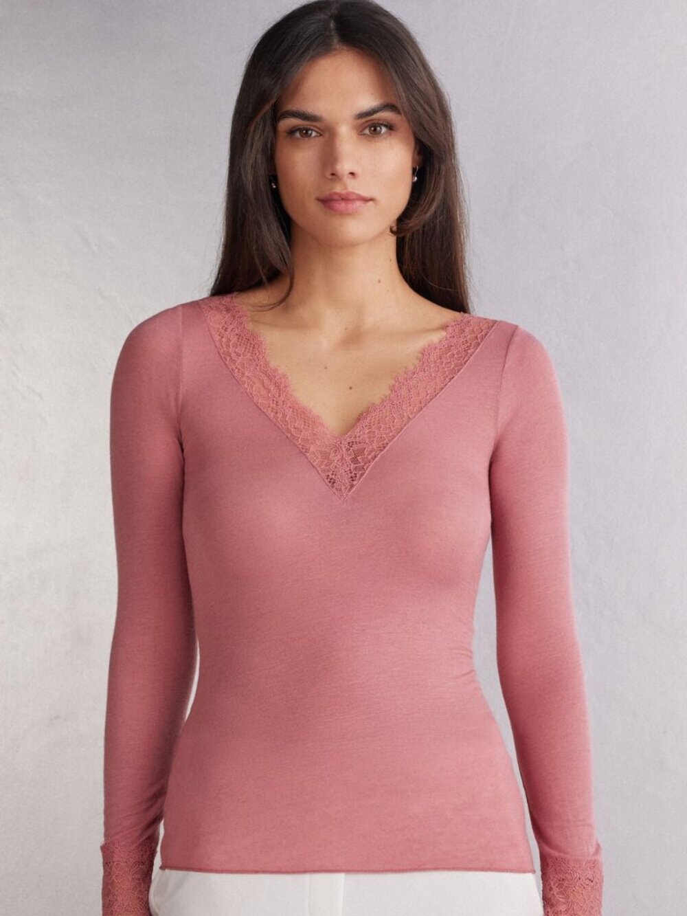 NWT INTIMISSIMI Modal Cashmere Ultralight Long Lace Shirt - M - Pink Garden Rose